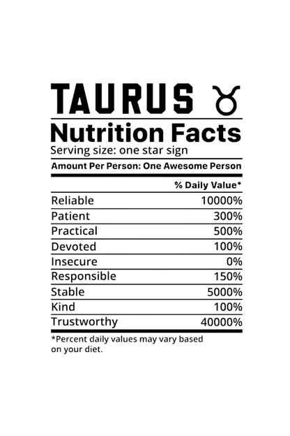 Taurus Nutrition Facts Unisex White T-Shirt